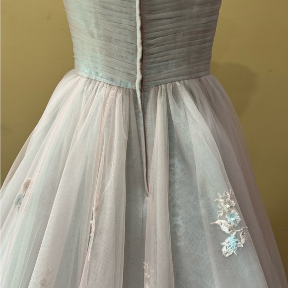 Sherri Hill- Size 10 Aqua Peach floral-appliqued/off-the-shoulder straps. - Picture 7 of 8